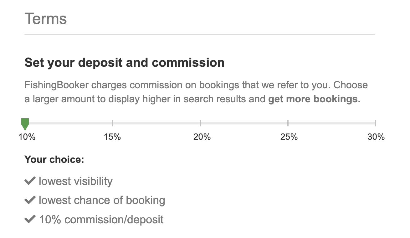 An animated GIF showing FishingBooker's commission picker at 10%, 20%, and 30%