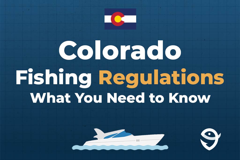 An infographic featuring the state flag of Colorado along with text that says "Colorado fishing regulations, what you need to know" against a dark blue background