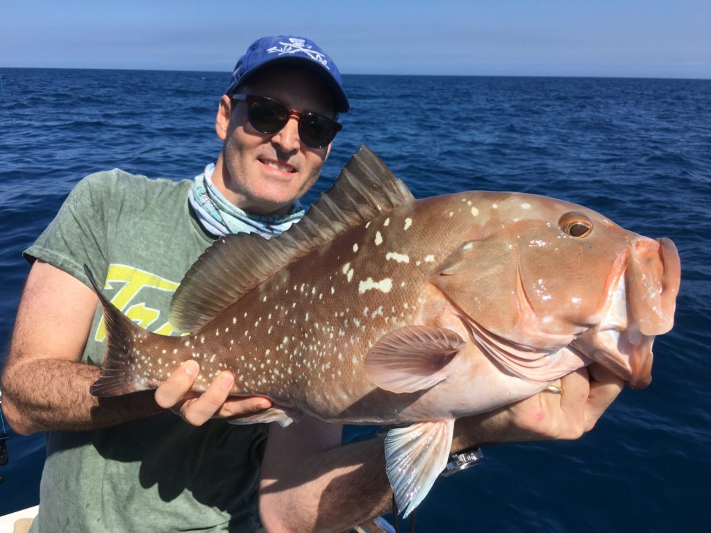 A smiling angler on a boat holding a freshly caught Grouper with the Gulf of Mexico behind him