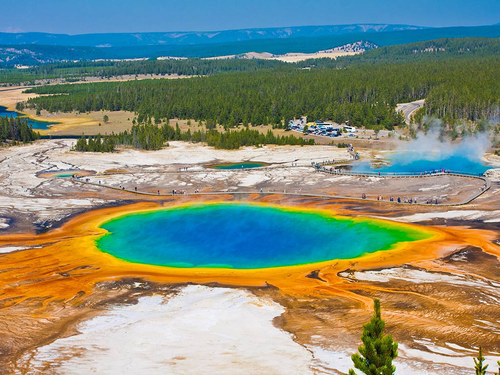 The Grand Prismatic Spring in Yellowstone National Park featuring all the colors of the nature on Fourth of July