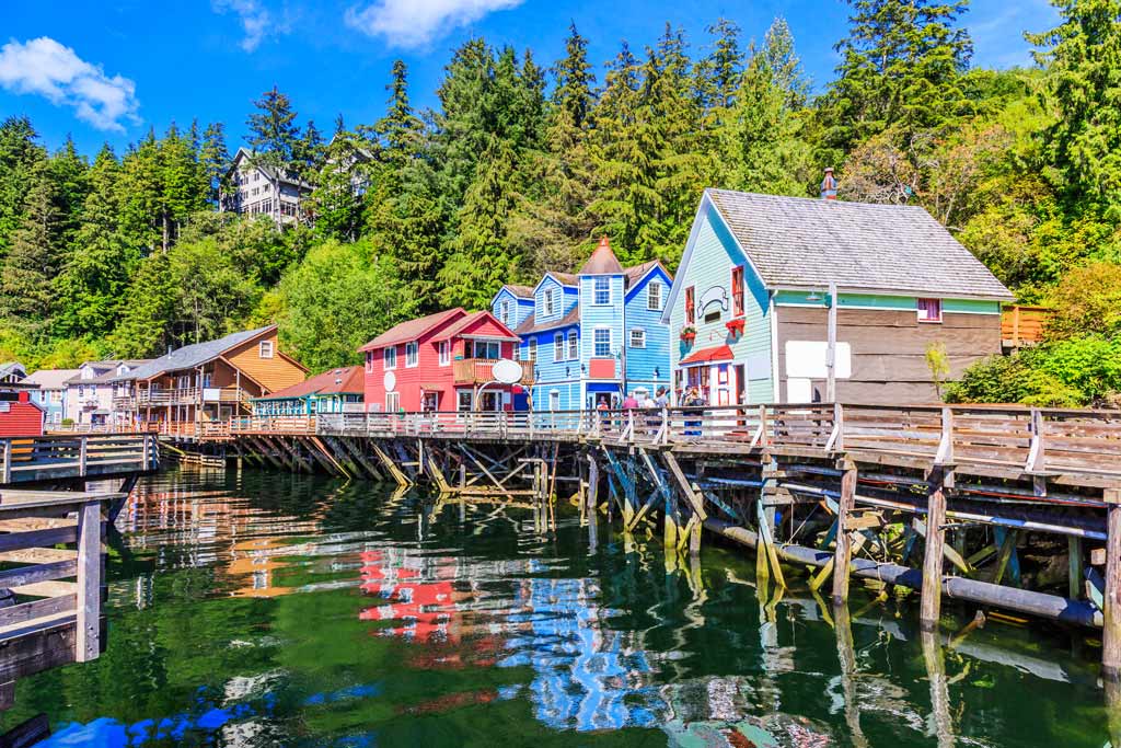 A view from the water of the colorful houses in Ketchikan, Alaska