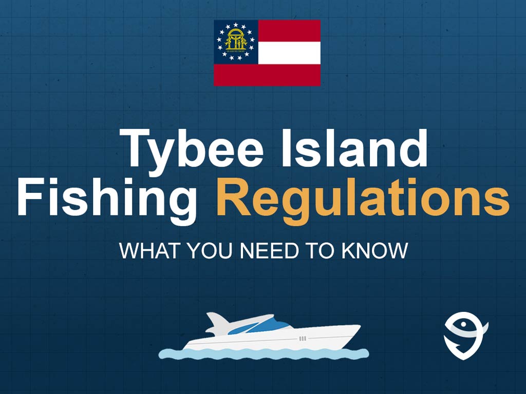 An infographic featuring the flag of Georgia and text saying "Tybee Island Fishing Regulations, What You Need to Know" above a vector of a boat against a blue background