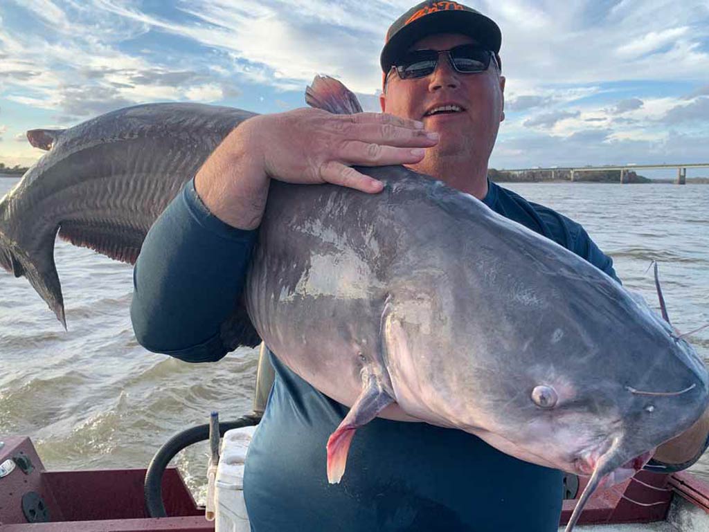A man in a cap and sunglasses holding a big Catfish