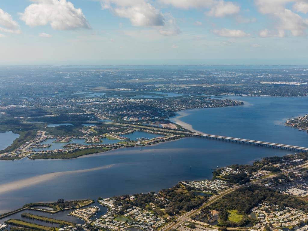 An aerial view of the Manatee River and town of Bradenton in Florida