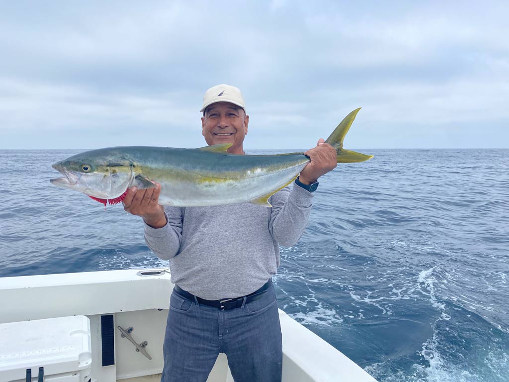 A smiling angler holding up a sizeable Yellowtail caught fishing offshore from Point Loma.