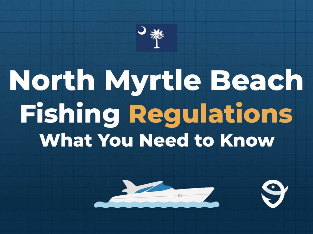 An infographic featuring the flag of South Carolina and text saying "North Myrtle Beach Fishing Regulations, What You Need to Know" above a vector of a boat against a blue background