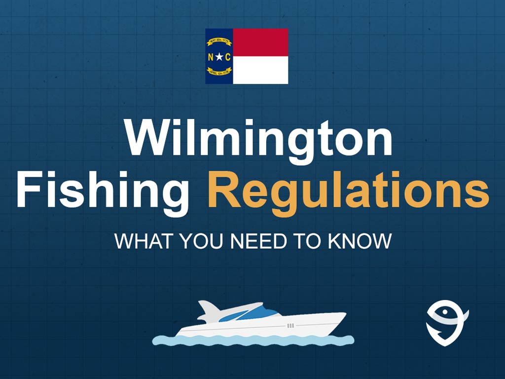 An infographic showing the state flag of North Carolina along with text that says "Wilmington fishing regulations what you need to know" against a dark blue background.