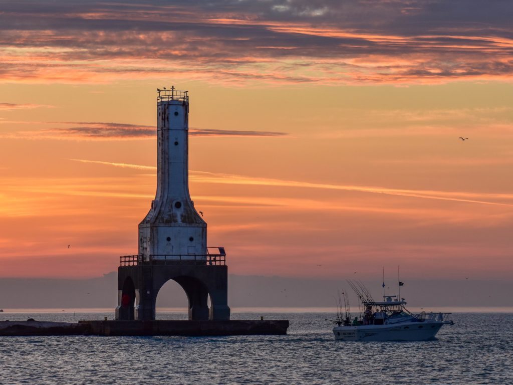 A sunset view of a structure on Lake Michigan, Wisconsin