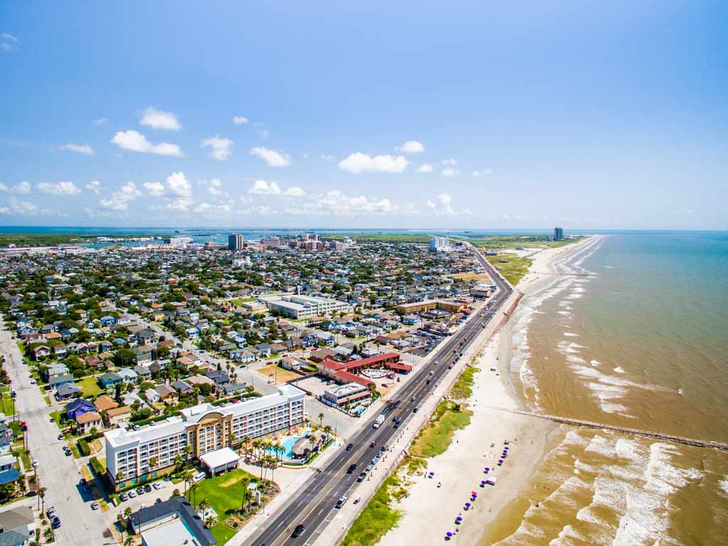A view of the city of Galveston and the beaches along the Gulf Coast.