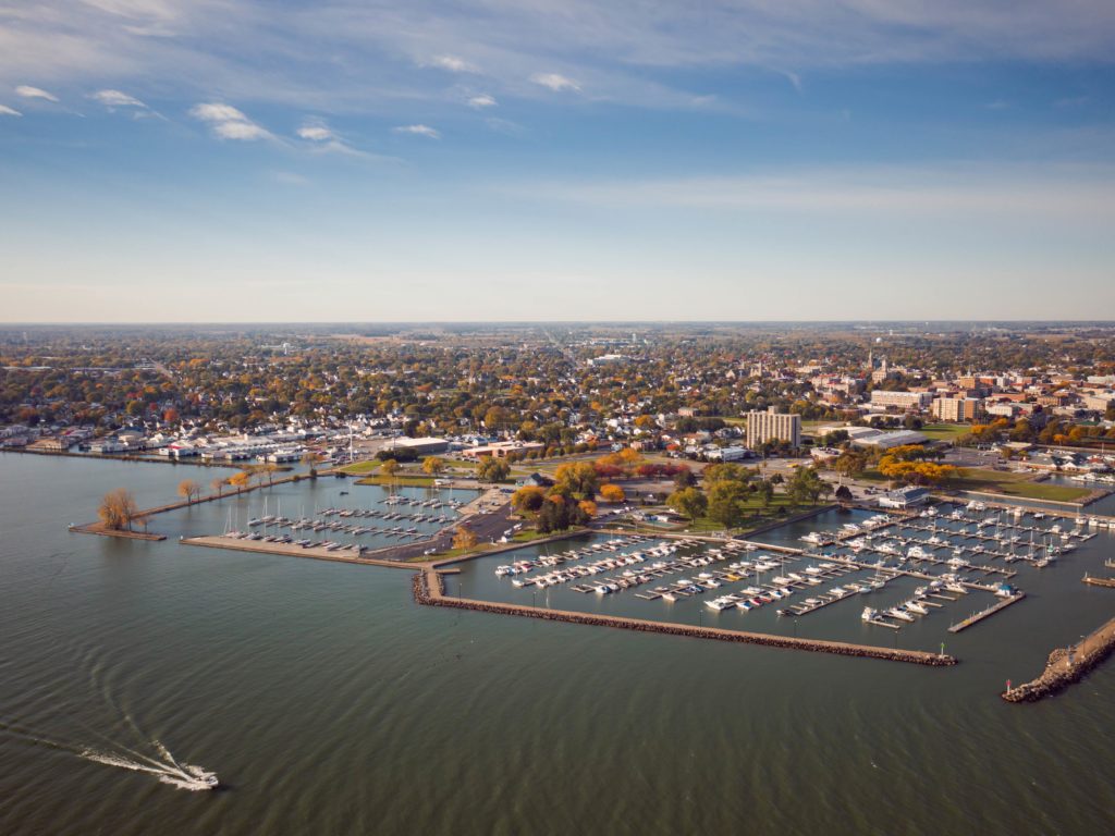 An aerial view of Sandusky and its marina near Port Clinton, Ohio