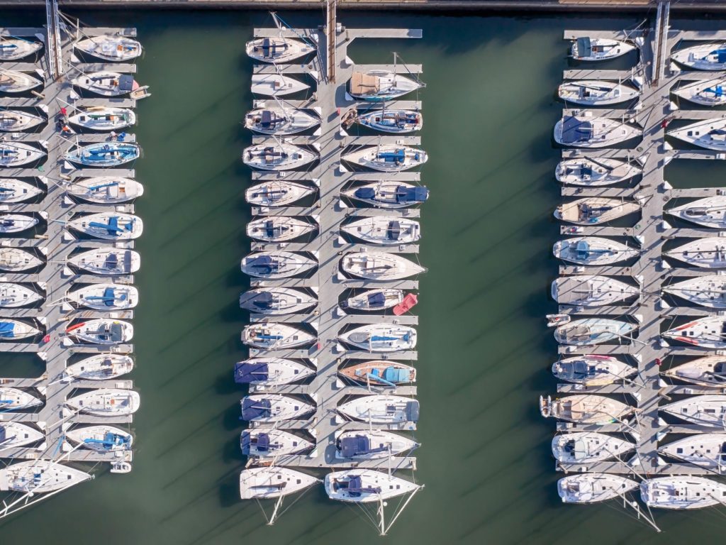 A bird's-eye view of docks with yachts in Marina Del Rey, near Los Angeles, California.
