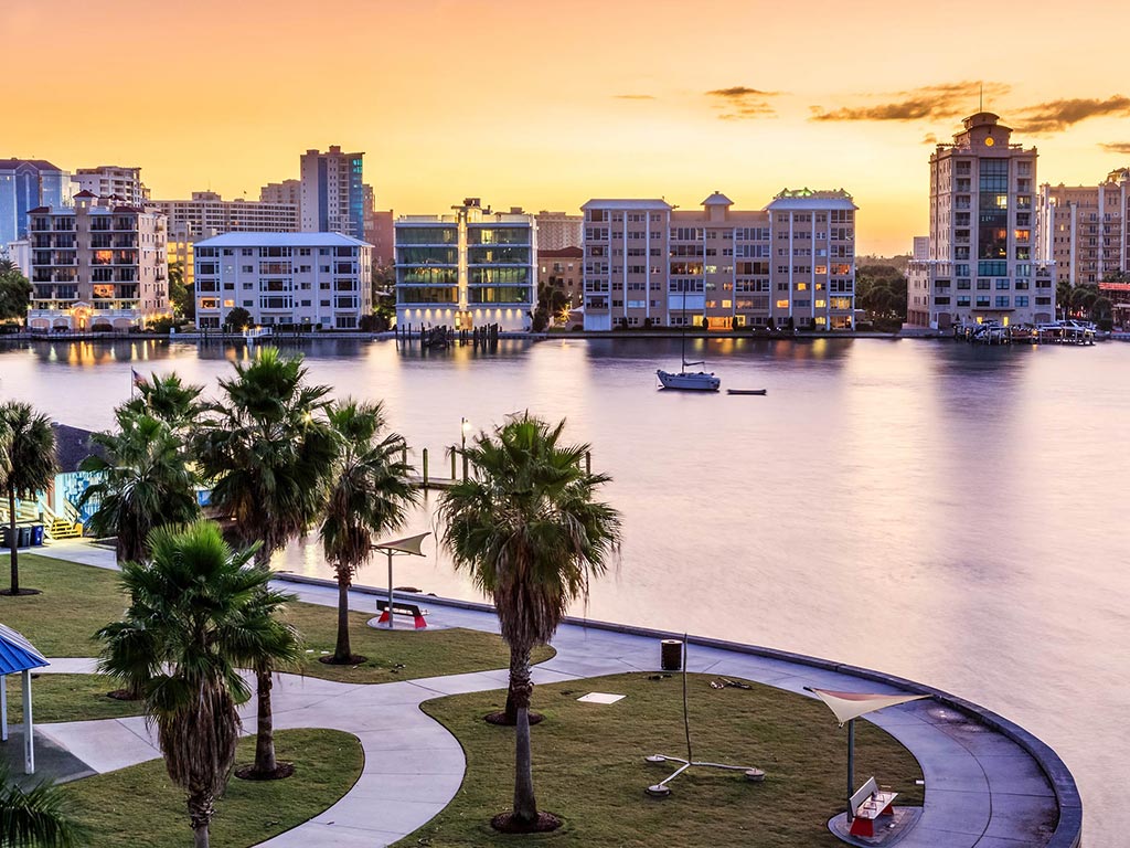 A view of downtown Sarasota at sunset