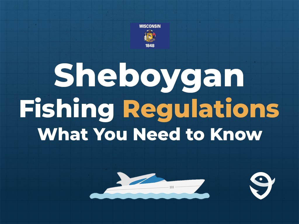 An infographic featuring the state flag of Wisconsin York along with text that says "Sheboygan fishing regulations, what you need to know" against a dark blue background