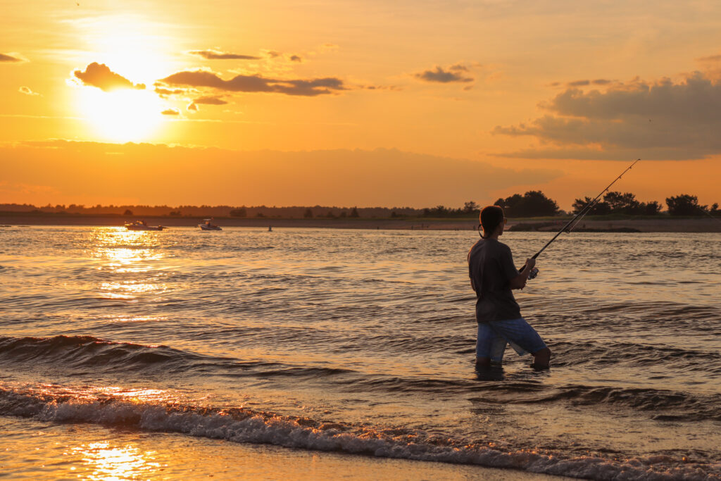 A view from behind of an angler wading in the surf and casting his line at sunset in Massachusetts
