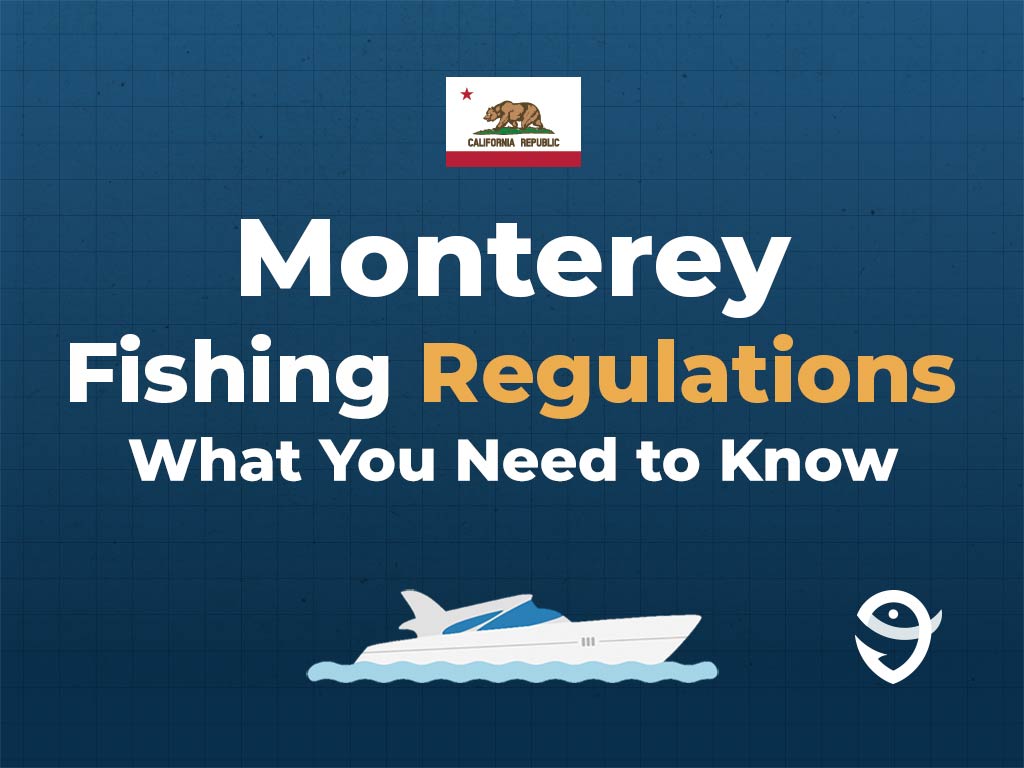 An infographic featuring the state flag of California along with text that says "Monterey fishing regulations, what you need to know" against a dark blue background