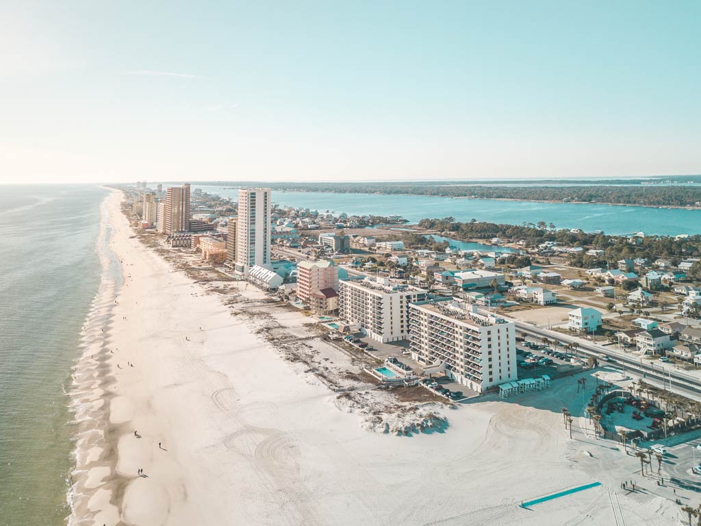 An aerial view of Gulf Shores in Alabama during a bright and sunny summer day