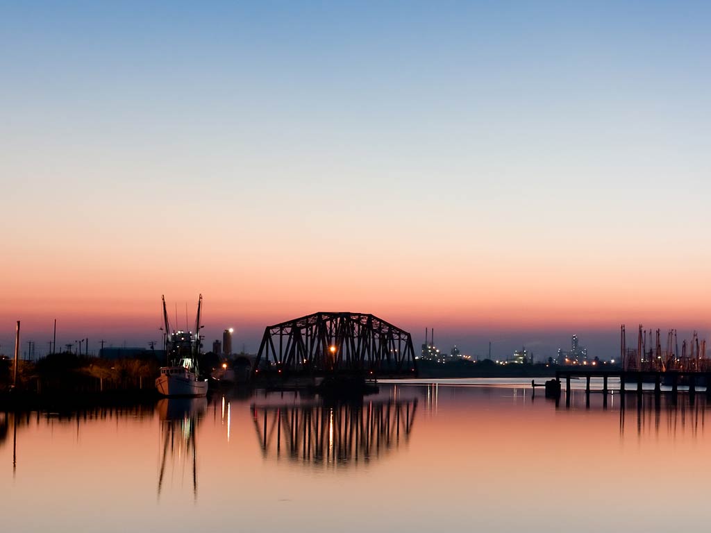 A view of Freeport, Texas marina during the sunset