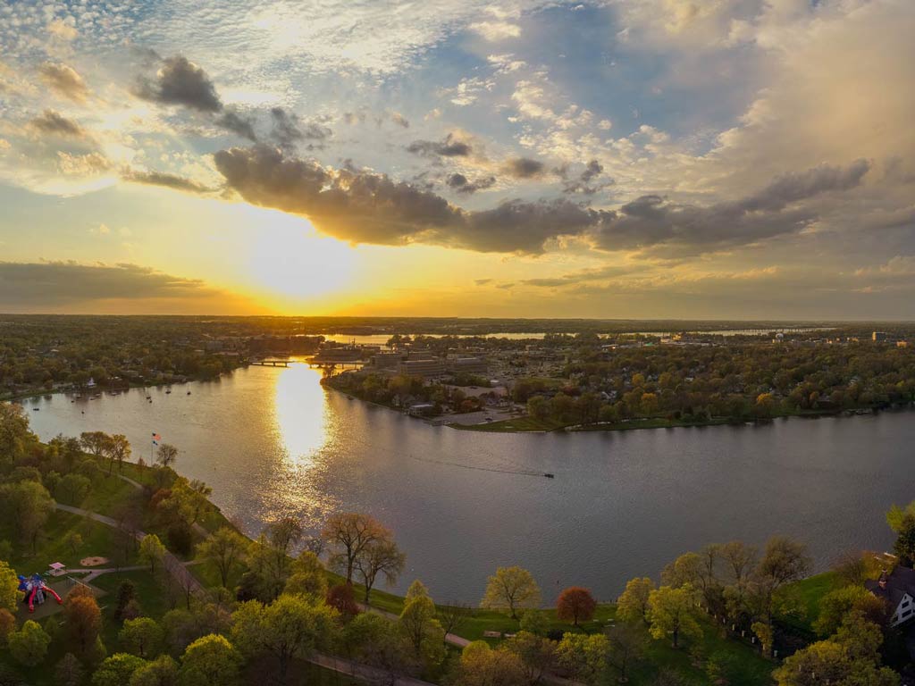 An aerial view of Lake Winnebago as seen during the sunset
