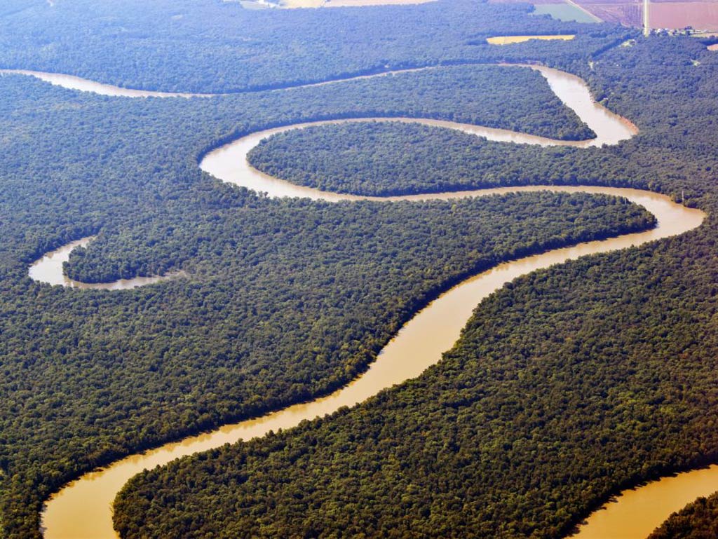 An aerial view of the Mississippi River surrounded by greenery