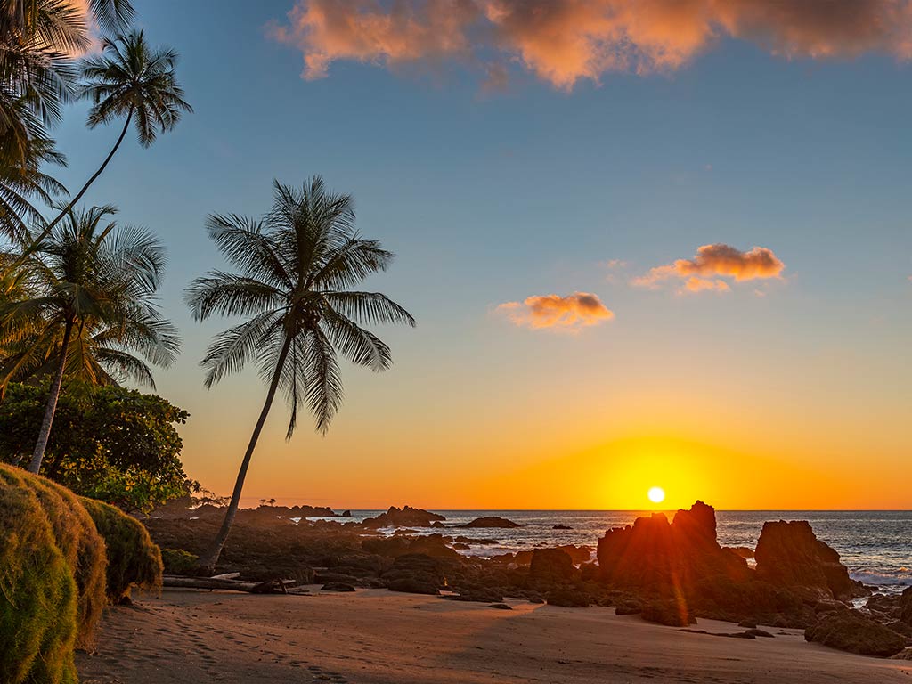 A view across a beach in Tamarindo, Costa Rica, at sunset, with palm trees on the right-hand side of the image and the Pacific Ocean on the right, with the sun setting in the distance