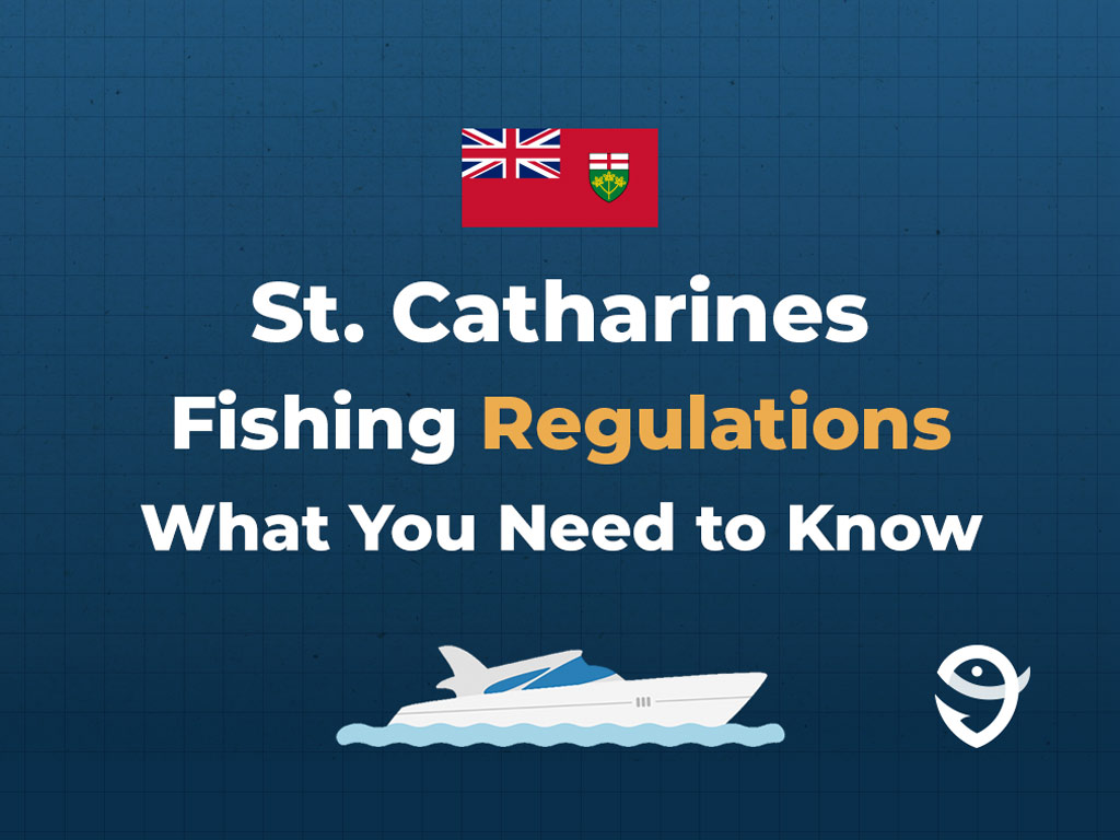 An infographic showing the flag of Ontario along with text that says "St. Catharines Fishing Regulations What You Need to Know" against a dark blue background.