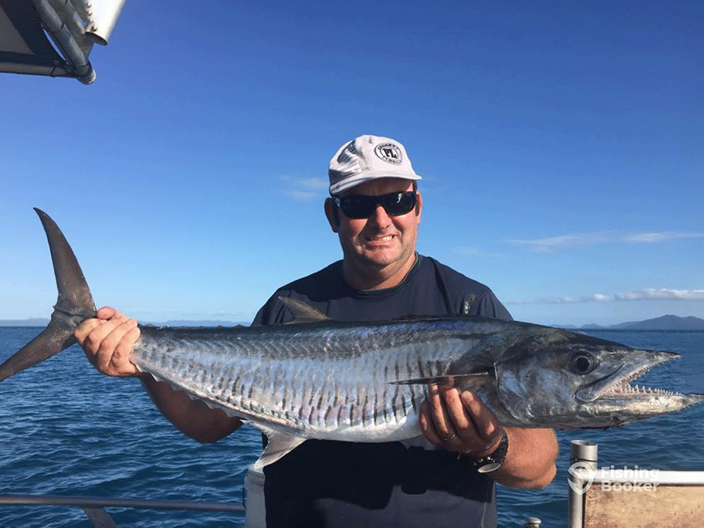 An angler in a baseball cap and sunglasses holds a Spanish Mackerel aboard a charter boat in Airlie Beach on a sunny day