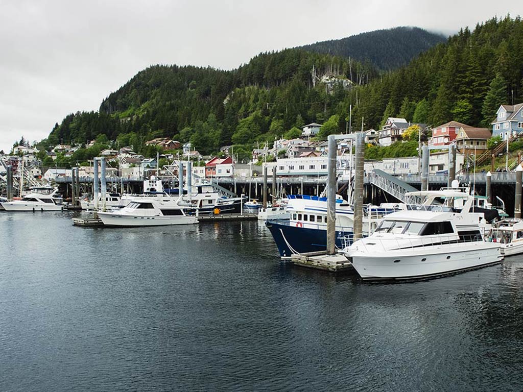 A view towards a harbor in Ketchikan, AK, on a cloudy day, with boats visible in the foreground and a green hill behind them.