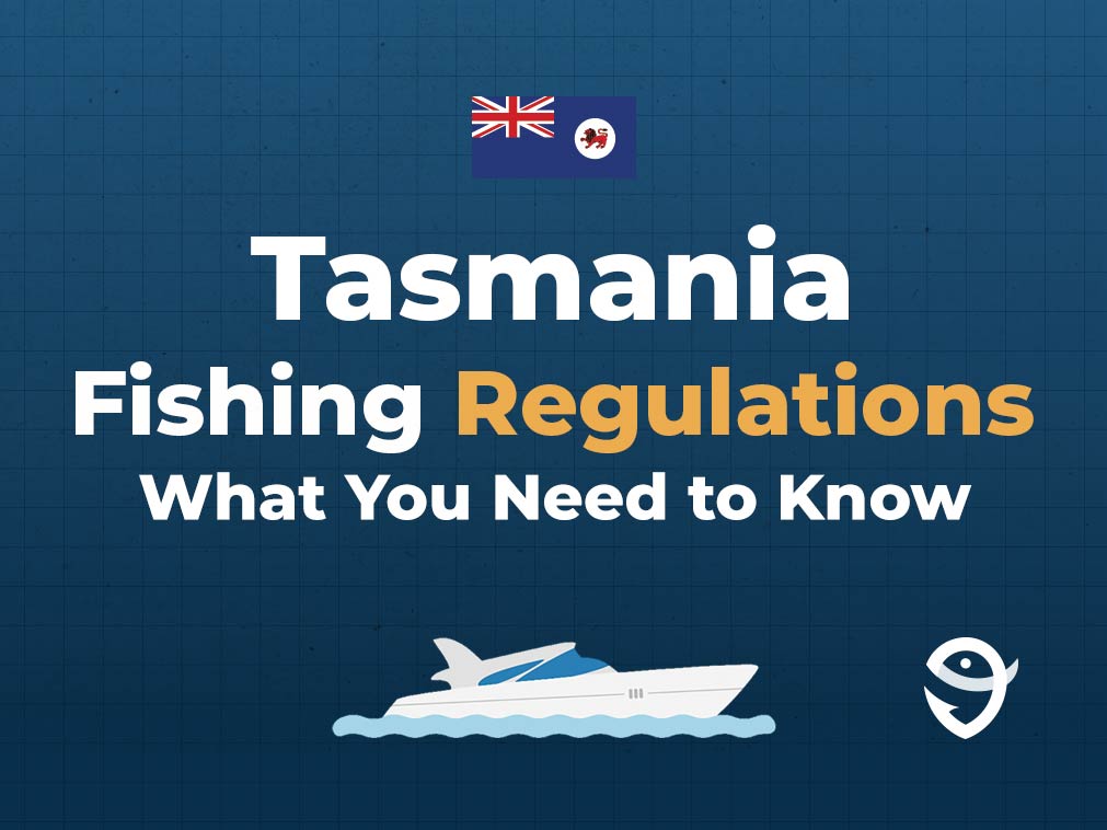 An infographic featuring the state flag of Tasmania along with text that says "Tasmania Fishing Regulations: What You Need to Know" against a dark blue background
