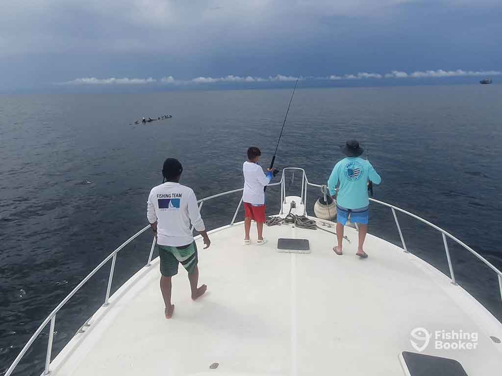 A view from behind of three anglers on the bow of a fishing boat in the deep waters out of Panama City, Panama on a cloudy day