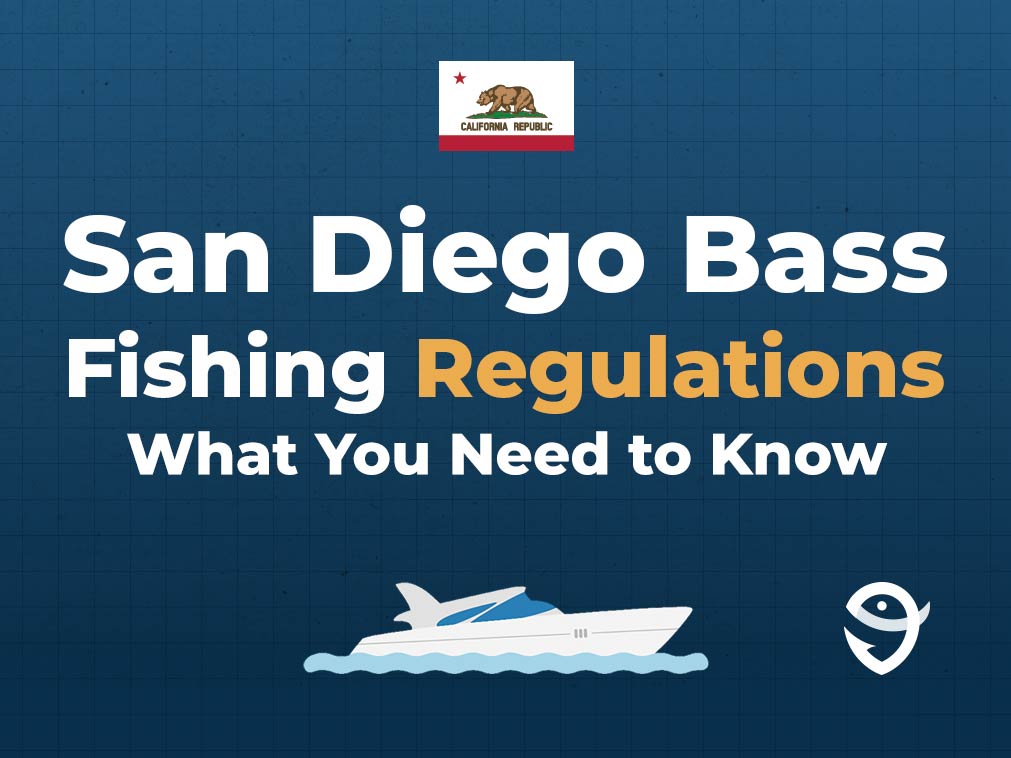 An infographic featuring the flag of California above text saying "San Diego Bass Fishing Regulations, What You Need to Know" above a vector of a boat and the FishingBooker logo against a blue background