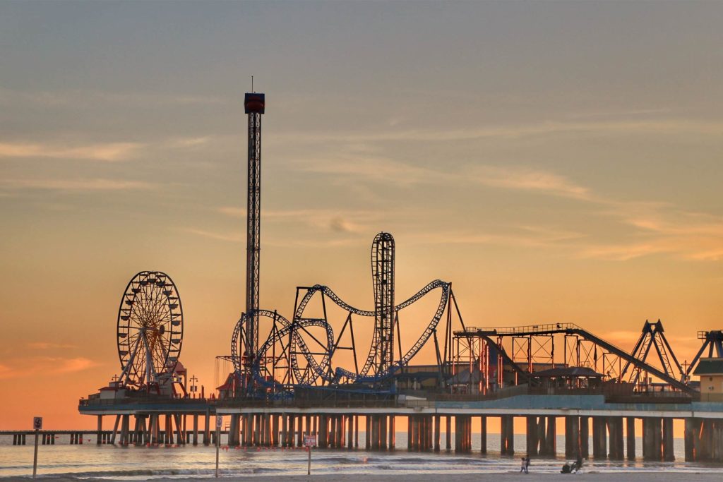 A view of Galveston's theme park at sunset