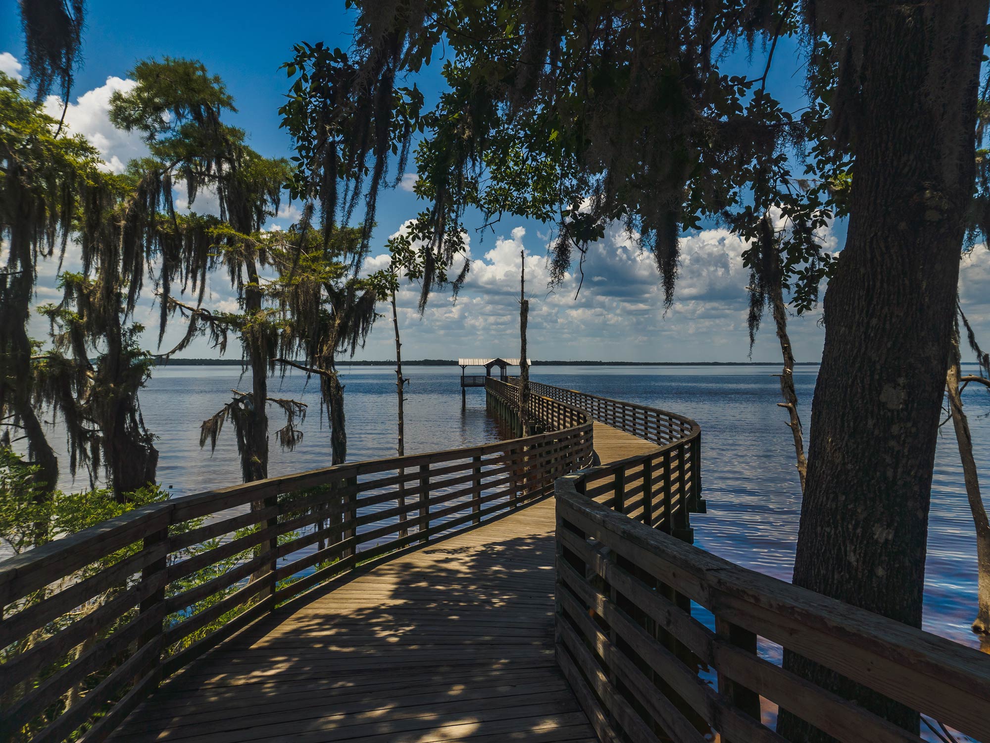 A dock leading towards the banks of the St. Johns River at Alpine Groves State Park on a sunny day