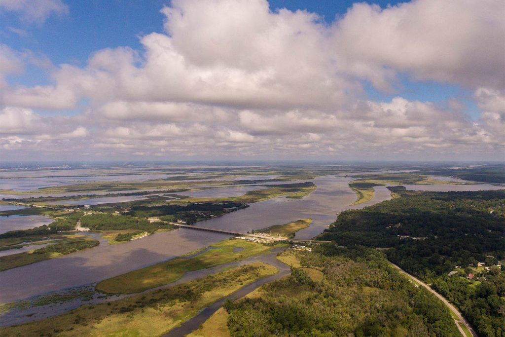 An aerial view of the backcountry fishing grounds out of Gulf Shores