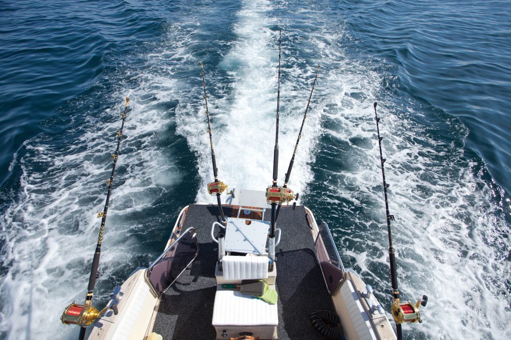 a bird's eye view of a moving trolling boat with lines in the water