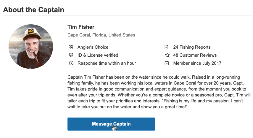 An example of a captain's profile on FishingBooker, with a button to contact the captain before you choose a fishing charter