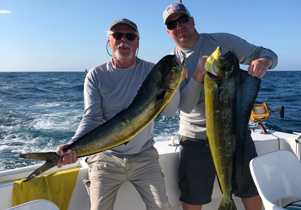 Two anglers holding two big Mahi Mahi fish