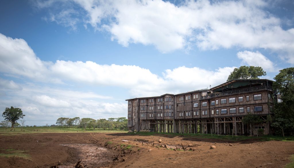 Treetops Logde, Kenya, with a building on the right and some trees on the background