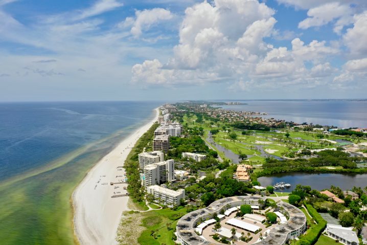 Aerial view of empty beaches along the Florida Gulf Coast.