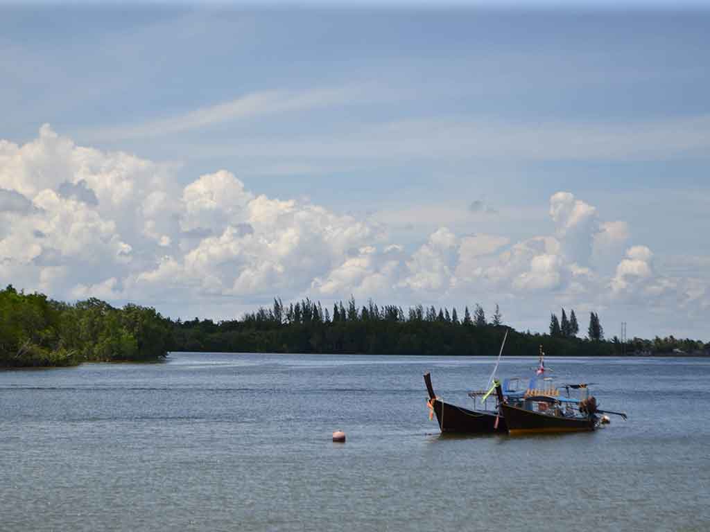 A view across the Potomac River on a clear day, with a fishing boat visible in the center of the image and tree-lined shores opposite