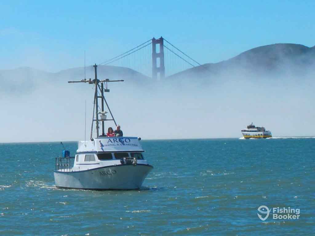 A view across the water towards a large offshore sportfishing vessel making its way along the San Francisco Bay, with the Golden Gate Bridge rising from the fog behind it on an otherwise clear day