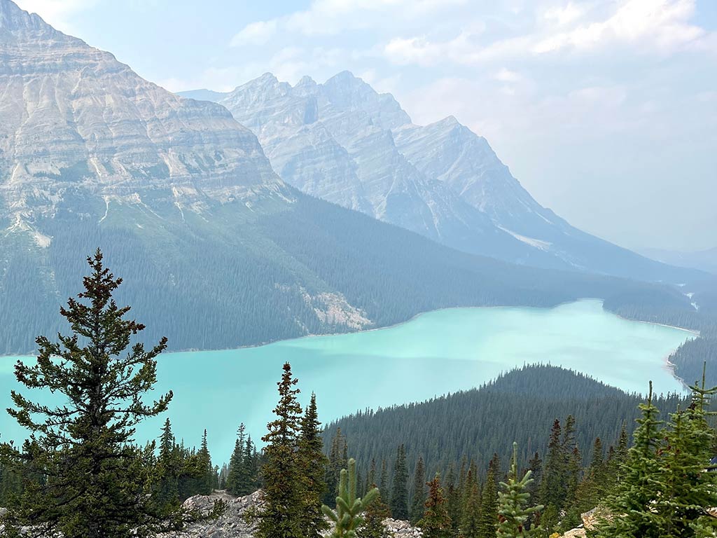 A view from a hill towards the crystal clear waters of Gull Lake in Alberta, with tall mountains visible in the distance and Alpinic trees in the foreground