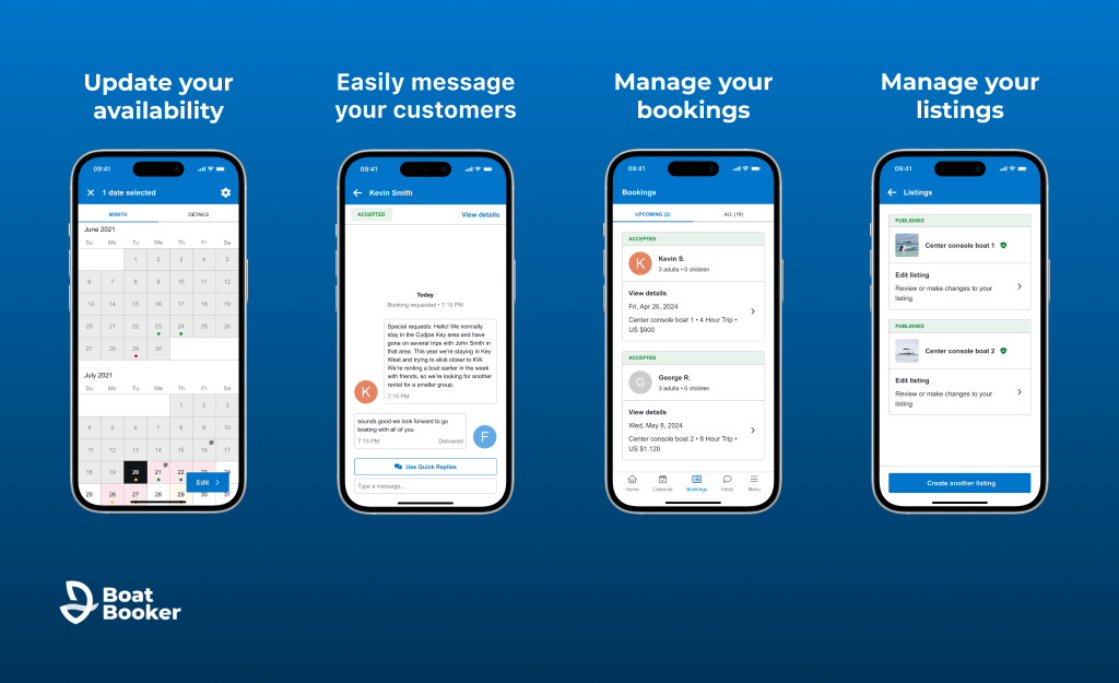 BoatBooker offers boat owners a multitude of features in an easy to use app. Some of the features include managing bookings, messaging customers, tracking availability and managing listings
