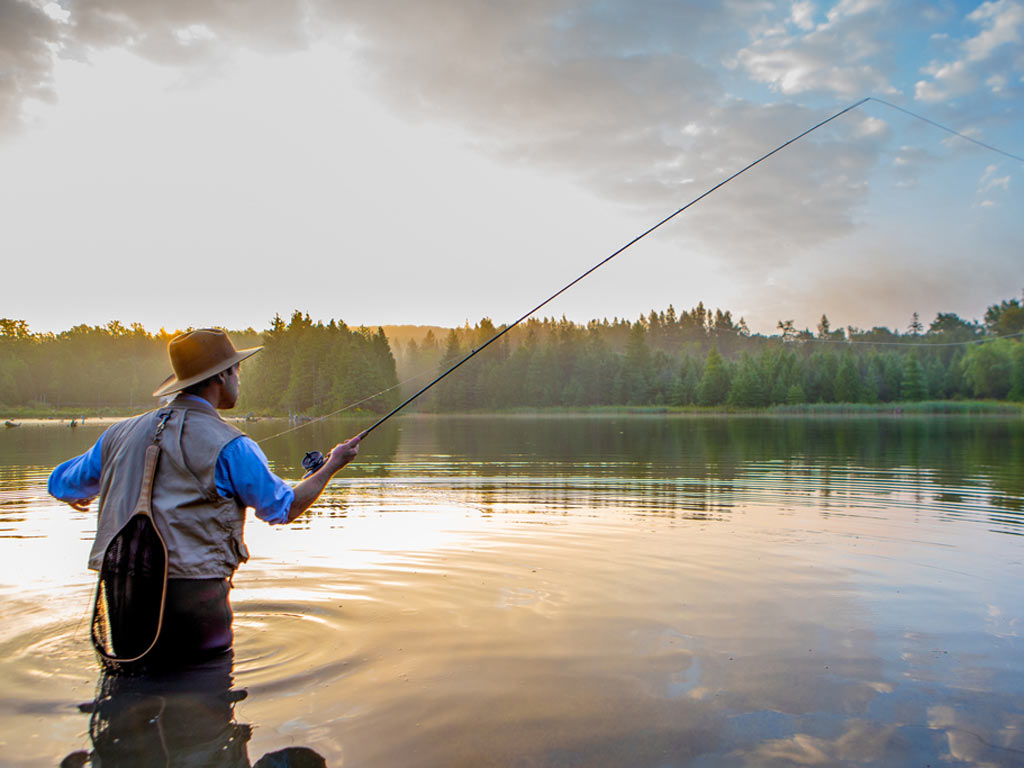 A view from behind of a man fly fishing at sunset after wading into a waterway