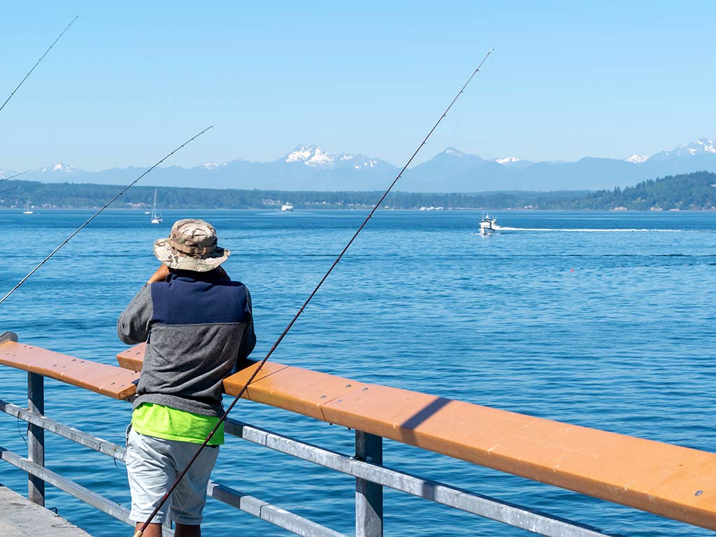 A view from behind of a man leaning on the railings of a fishing pier in Puget Sound on a clear day, with two rods set up for fishing