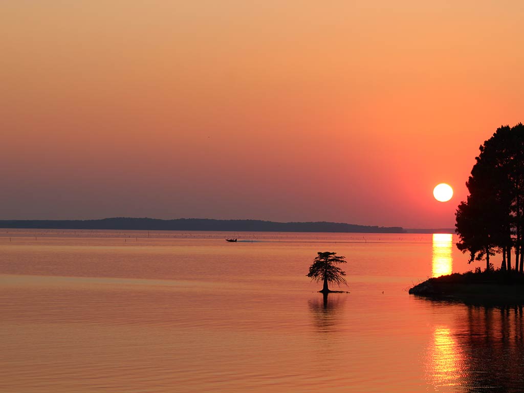 A view of sunset on Toledo Bend Reservoir in Texas, with the setting sun painting the entire lake and the sky in orange.
