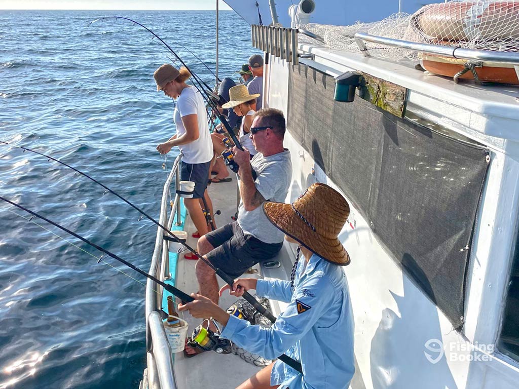 A view from above of four anglers fishing over the side of a boat during the summer fishing season in Australia