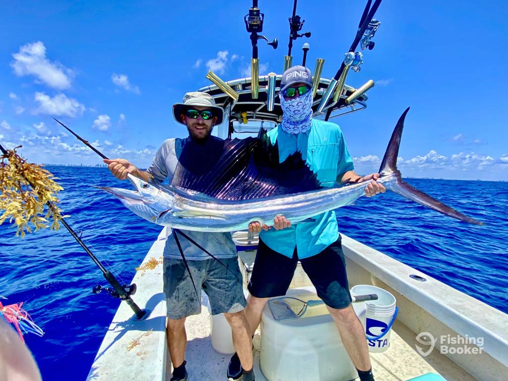 A photo featuring two proud anglers standing on an offshore fishing charter boat in Florida and posing with a big Sailfish they caught while deep sea fishing out of Fort Lauderdale around Thanksgiving