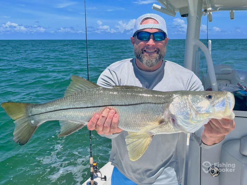 A photo featuring a proud angler smiling while standing on a charter fishing boat and posing with a big Snook caught off Naples coast during a warm fall season