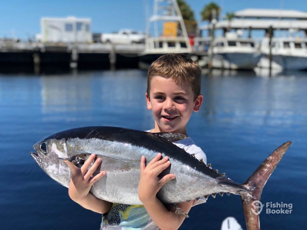A photo featuring a kid while proudly standing on a dock and posing with a small Blackfin Tuna he caught on a deep sea angling trip out of Panama City Beach during the Tuna angling season