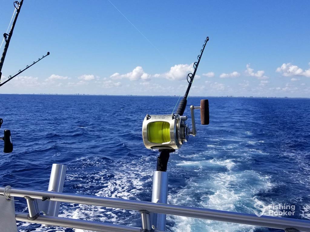 A view out the back of a deep sea fishing charter in the Bahamas with trolling rods set up with lines in the water on a clear day